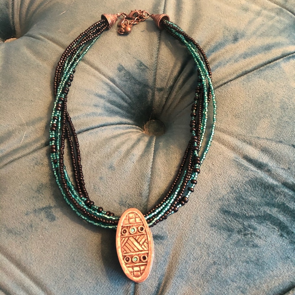 Beaded Black and Teal Tribal Necklace with Pendant